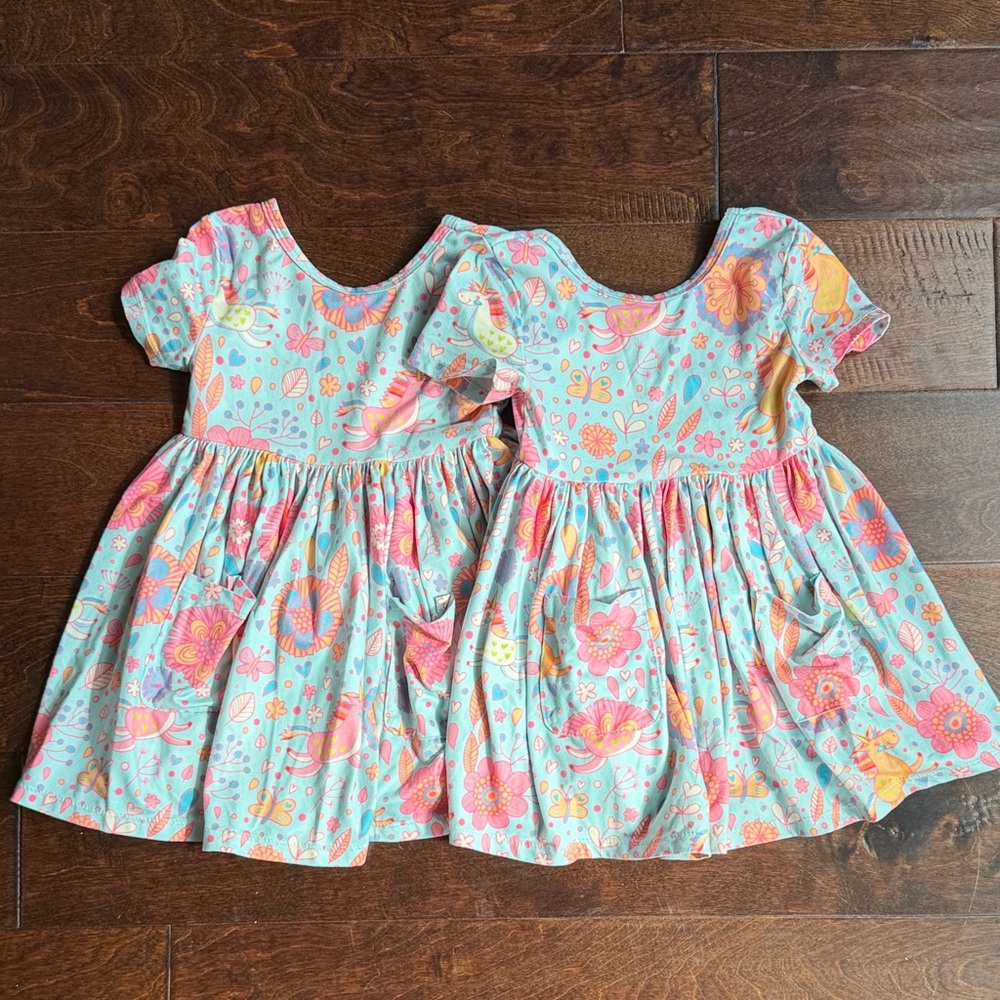 TWIN Floral Unicorn Patterned Fun Kids Dresses